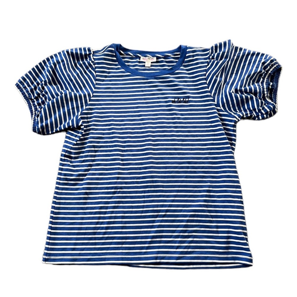Riley & Rae Womens Blue White Striped Puff Sleeve T-Shirt Size Medium Oh La La